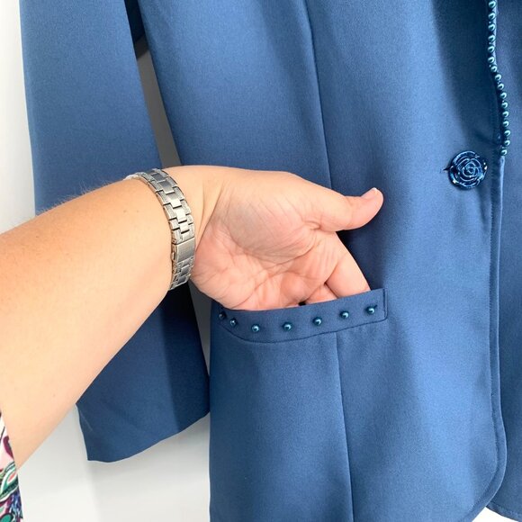 Vtg Lacy Afternoon Kepler Beaded Blazer L Light Blue Adjustable Back Pockets 80s - Picture 5 of 14